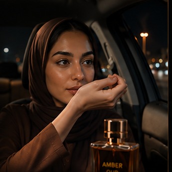 Amber Oud Eau de Parfum bottle lit in warm golden light