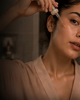 Creator with luminous skin holding Glow Renewal Serum