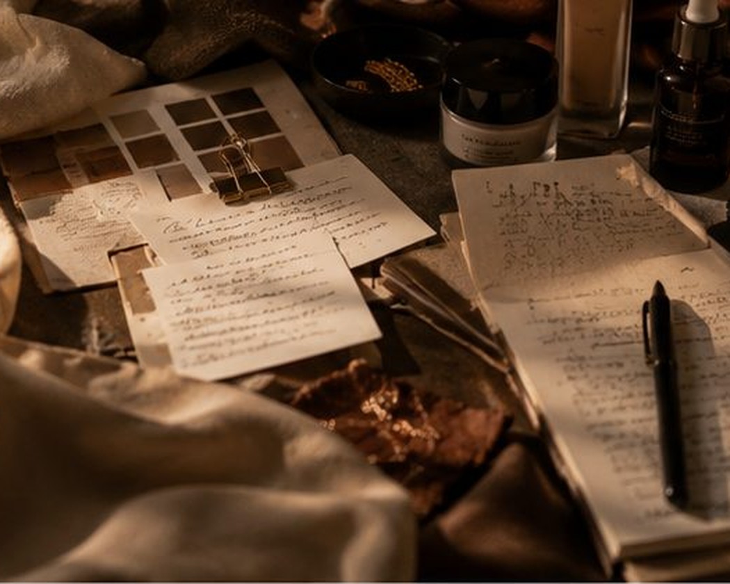 A storytelling workspace in warm amber light: moodboard, handwritten notes, fabric textures and product samples